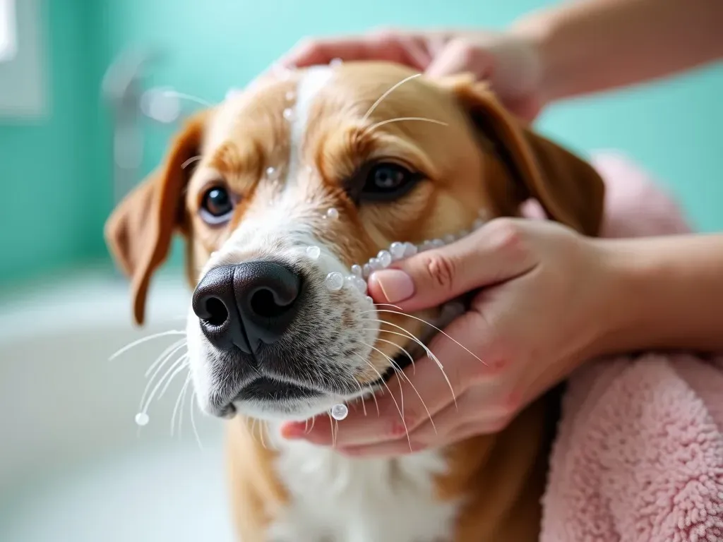 犬の顔をすすぐ